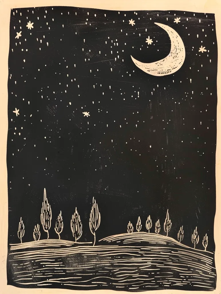 A linoleum print of a night sky with a crescent moon and many stars. There are trees on the horizon. The image is simple and elegant, and the artist has used a limited number of colors to create a striking effect. The black background makes the white stars and moon stand out, and the trees are a dark silhouette against the sky. The image is full of contrast, and the artist has used this to create a sense of depth and atmosphere.