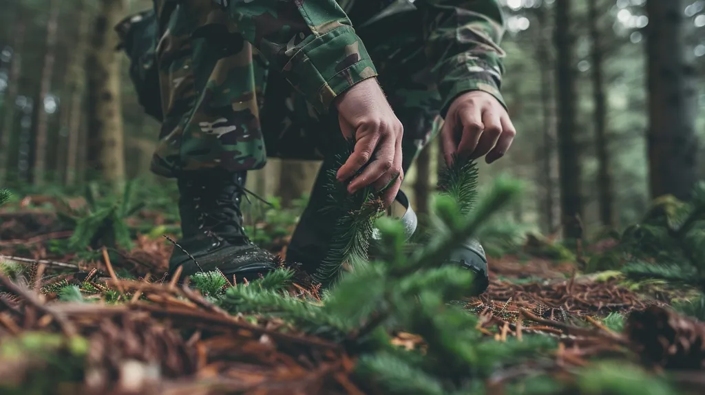 A soldier is kneeling in the woods. He is wearing camouflage gear and black boots. The soldier is holding a handful of pine needles. He is looking at them closely. The soldier is probably thinking about how to use the pine needles to survive in the woods.