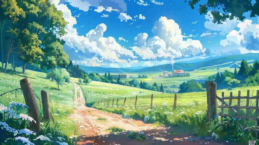 The image is of a rural landscape. There is a dirt road in the foreground, with a wooden fence on either side. The road is surrounded by tall grass and wildflowers. In the background, there is a small village with a few houses and a church. The sky is blue and there are some clouds. The image is peaceful and serene.