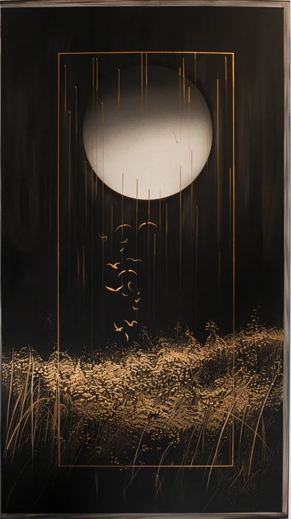 The image is a beautiful depiction of a full moon rising over a field of wheat. The moon is a glowing white orb, and the wheat is a shimmering gold. The image is framed in black, which makes the colors of the moon and wheat stand out. The image is very peaceful and serene, and it evokes a feeling of calm and tranquility.