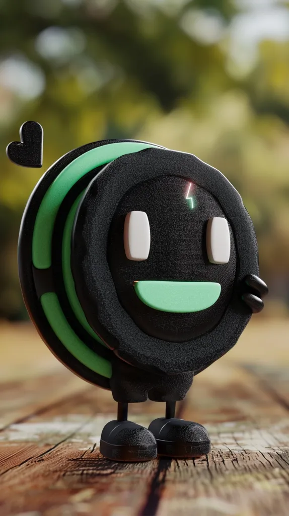 This is a 3D rendering of a cartoon character. It is a black coin with a green outline and a smiley face. It has two small white eyes and a small green mouth. It is standing on a wooden table. In the background, there is a blurred forest scene. The character is looking at the viewer with a happy expression.