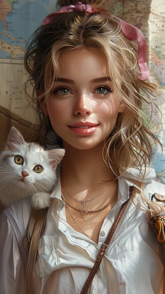 A 16-year-old girl traveling through Europe, with a fluffy white kitten perched on her shoulder and a map in her hand. She wears her hair in a ponytail tied with a pink ribbon. adding to the adventurous vibe. she is smiling, pastel colored background, A depiction with a beautifully polished finish, akin to a photograph. --ar 9:16 --s 750 --v 6.0