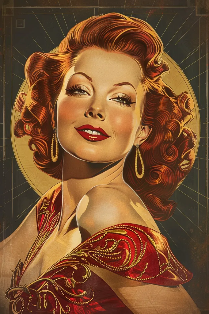 The picture shows a beautiful woman with red hair and green eyes. She is wearing a red dress with a white collar. The woman has a confident smile on her face and is looking at the viewer. She is standing in front of a dark background with a golden halo around her head.