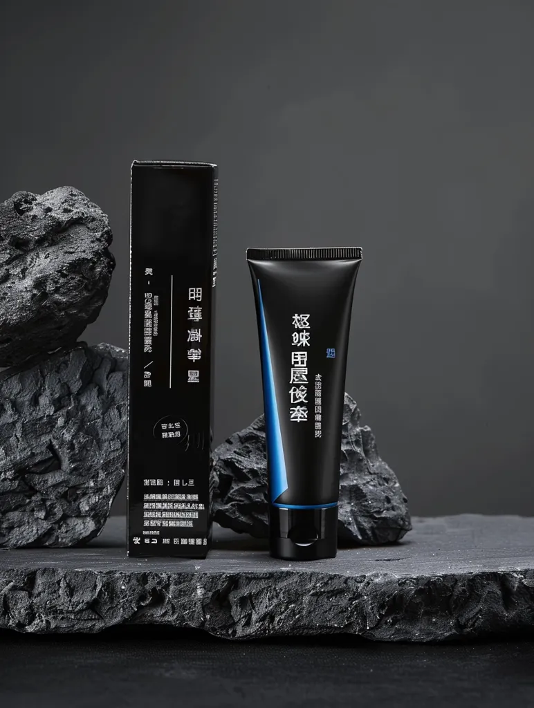 The product is a black tube of toothpaste. The cap is black and the tube is grey. The tube is labeled "MengNiu Toothpaste". The background is black and there are some black rocks on the background.