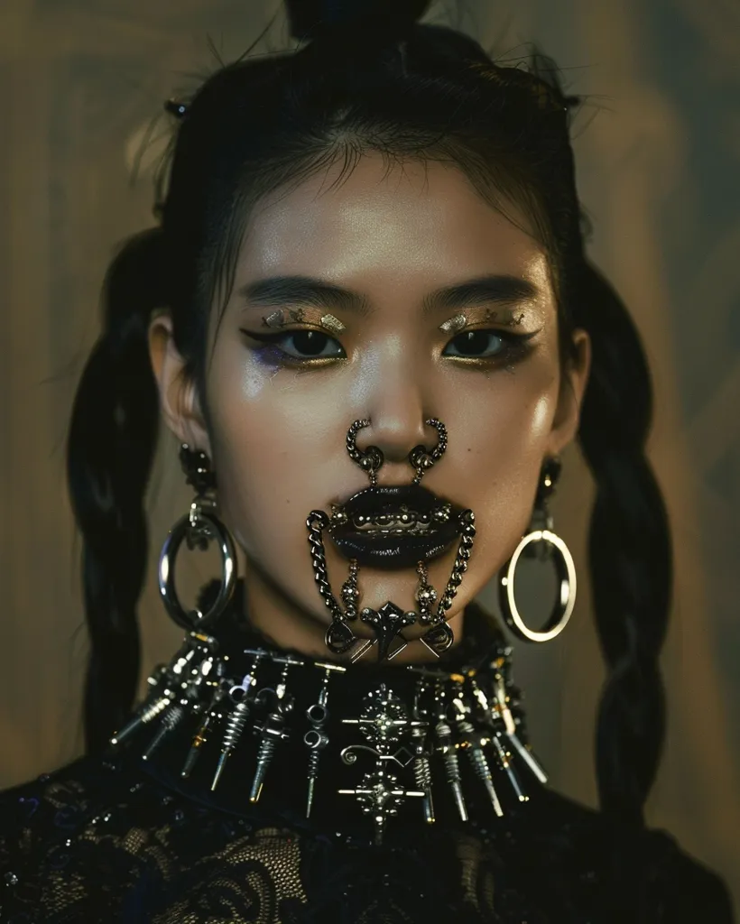 The image is a portrait of a young woman with dark hair and light makeup. She is wearing a black choker and a nose ring. Her lips are slightly parted and her eyes are looking directly at the camera. The background is out of focus and is a dark color. The overall tone of the image is mysterious and alluring.