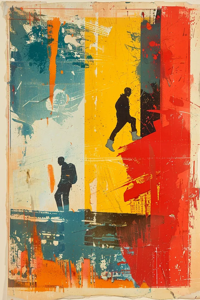 This is an abstract painting of two people walking in opposite directions. The painting is made up of bright colors and bold brushstrokes. The people are depicted as simple silhouettes, and the background is a blur of color. The painting has a sense of movement and energy, and it seems to capture the feeling of being in a hurry.