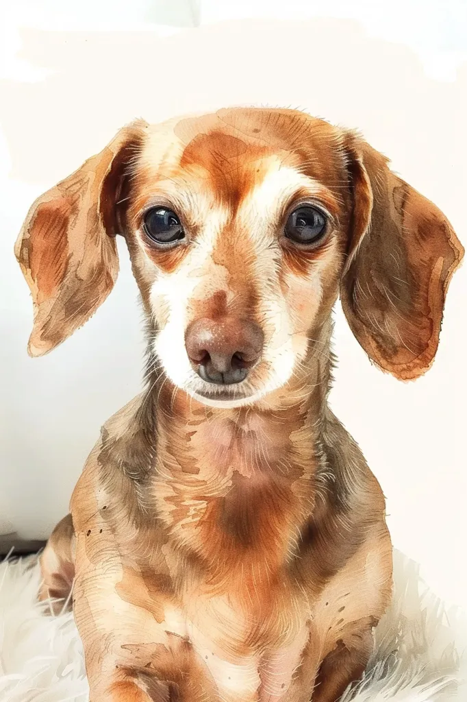 This is a watercolor painting of a dachshund. The dog has light brown fur with a white belly and white paws. The dog is looking up at the viewer with its big, round, dark brown eyes. The dog's ears are long and floppy, and its tail is short and stubby. The dog is sitting on a white blanket. The background is a light gray.