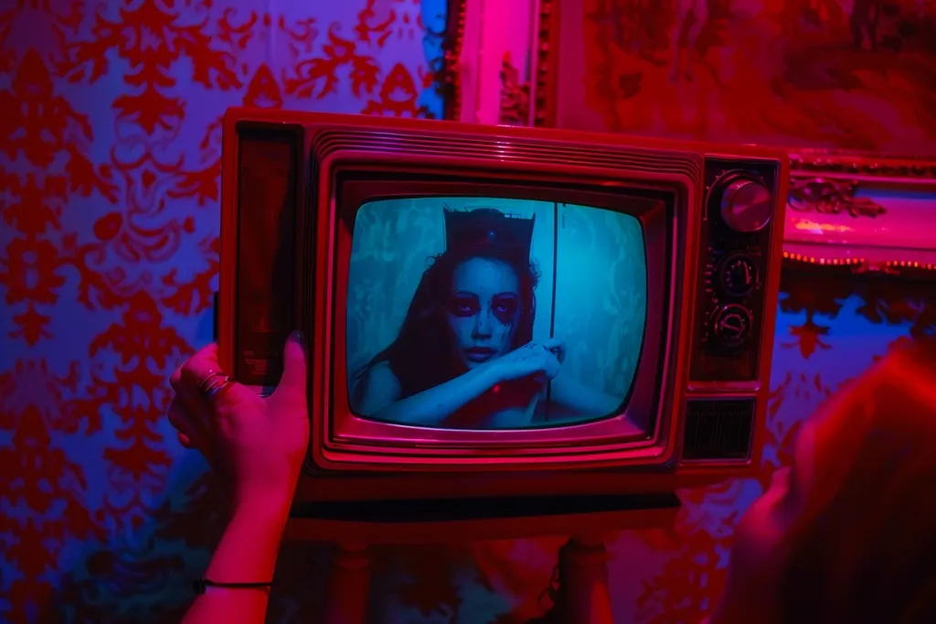 The photo shows a vintage television set with a picture of a woman with dark hair and red lipstick on the screen. The woman is wearing a black dress and has a crown on her head. She is sitting in front of a red background. The TV is sitting on a red table. The background wall is dark red with a floral pattern. There is a hand holding the TV. The hand belongs to a woman with red nail polish on her fingers.