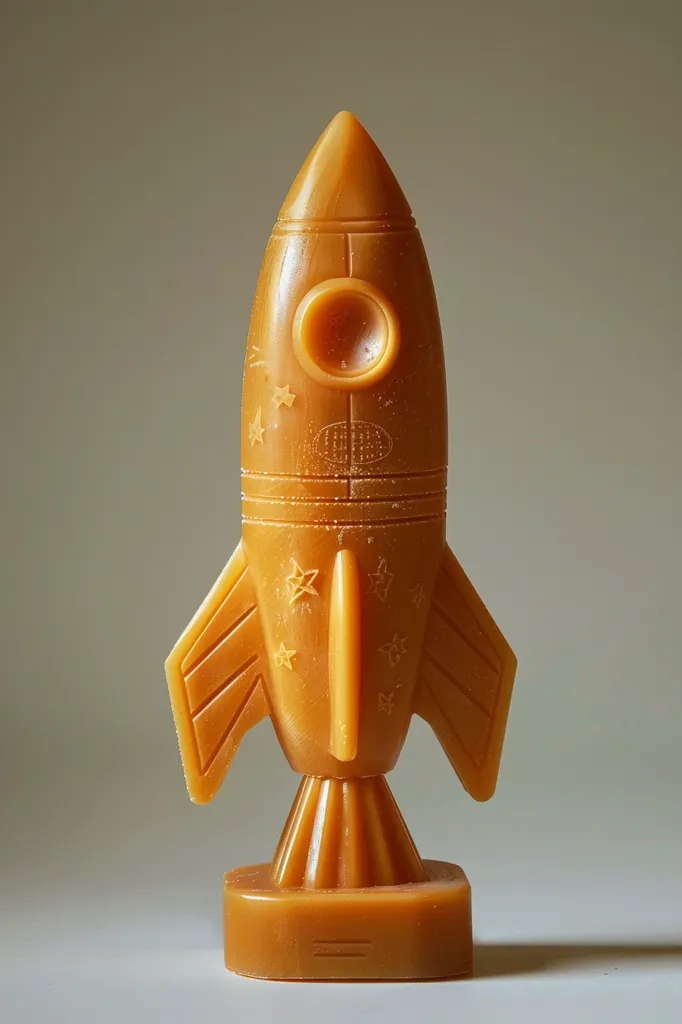 This is a candle shaped like a rocket. The candle is brown and has stars and stripes on it. The rocket is sitting on a brown pedestal. The rocket is about 6 inches tall.