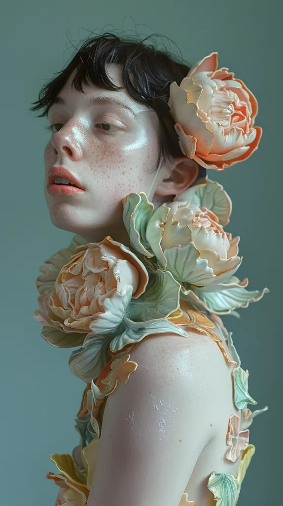 full body portrait, beautiful androgynous female, wearing a ceramic collar made from large oversized ceramic flowers, ceramic dress ,fine art photography, portraiture, hyperrealistic, ultra-detailed, bright pastel colours, cinematic lighting and shadows, --ar 9:16 --v 6.0