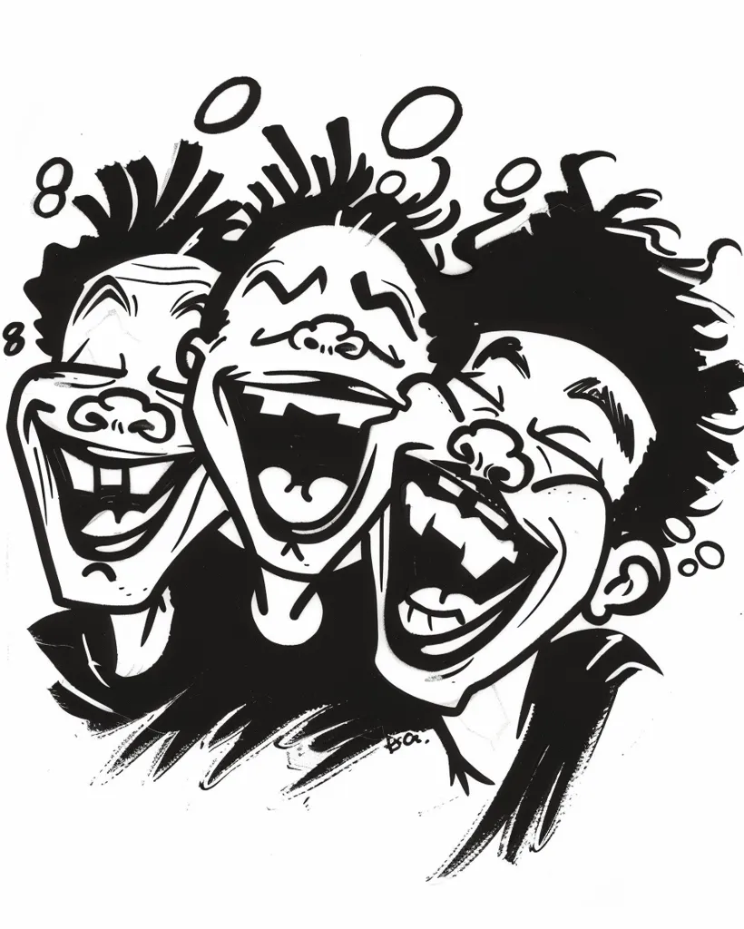 The image is a black-and-white drawing of three people laughing. They have their mouths open and their eyes closed. One person is on the left, one in the middle, and one on the right. The person in the middle has a bigger mouth than the other two. The image is drawn in a cartoon style.