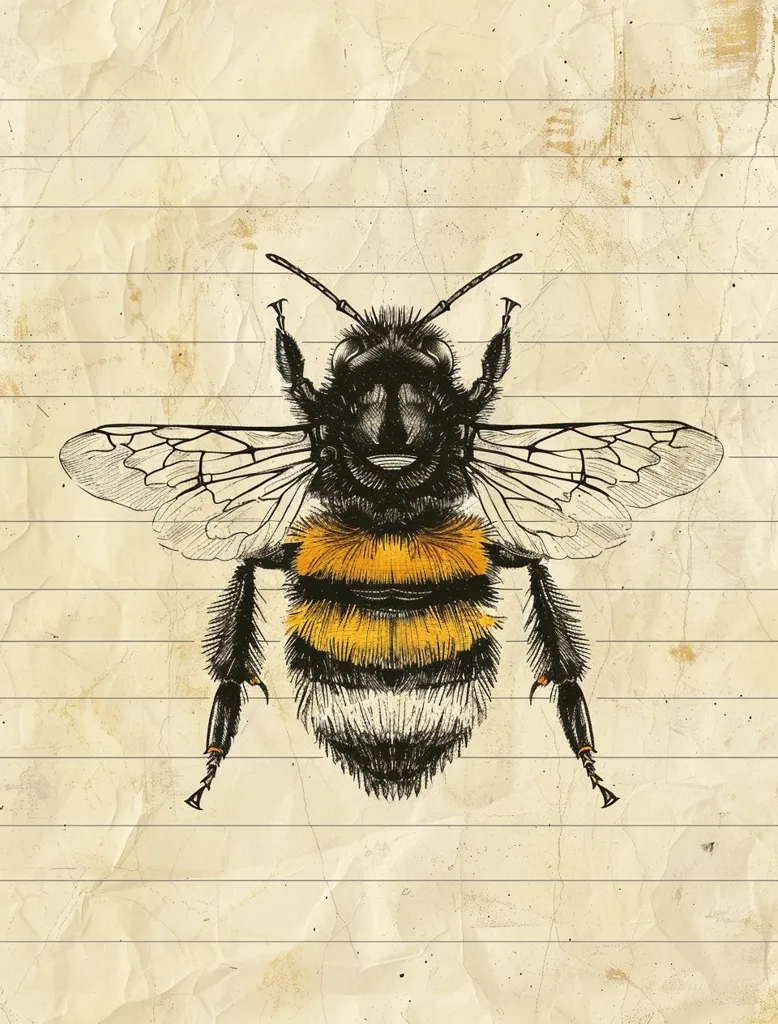 The image is a drawing of a bee. It is drawn in a realistic style and is colored black and yellow. The bee is facing the viewer and its wings are spread out. The background is a light brown color and is textured to look like old paper.