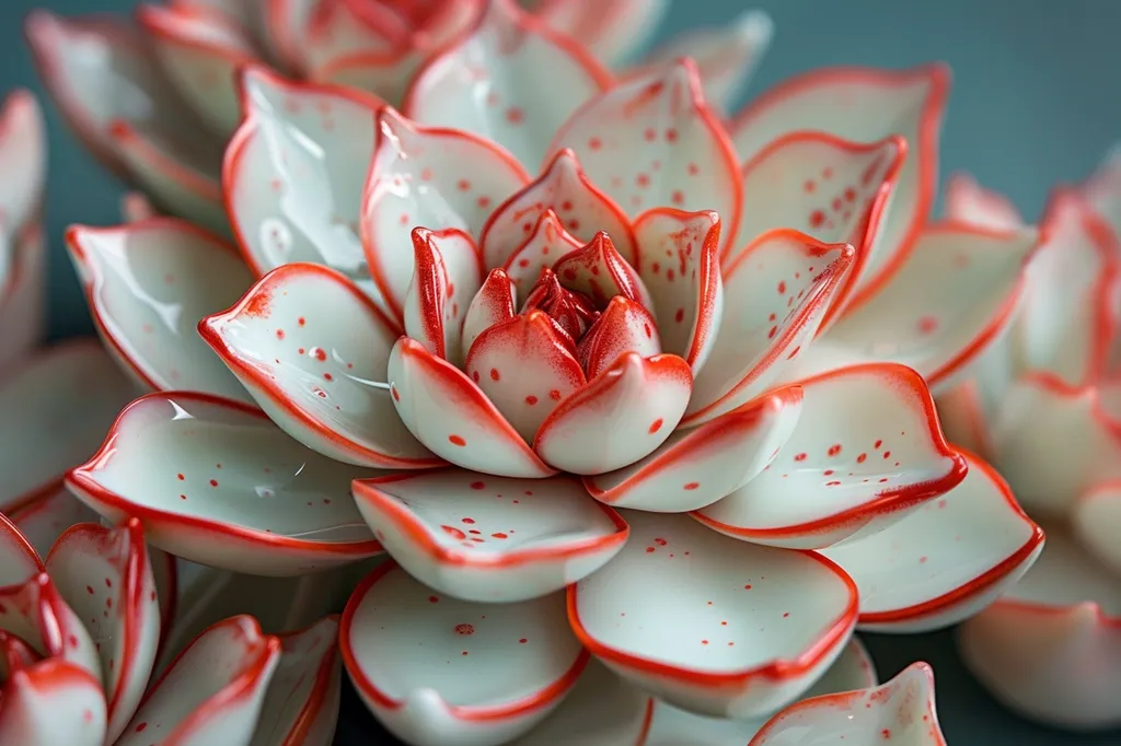This image shows a close-up of a succulent plant. Succulent plants are known for their ability to store water in their leaves. The leaves of this succulent are a light green color with red edges. The leaves are arranged in a rosette pattern. The plant is in focus and has a blurred background.