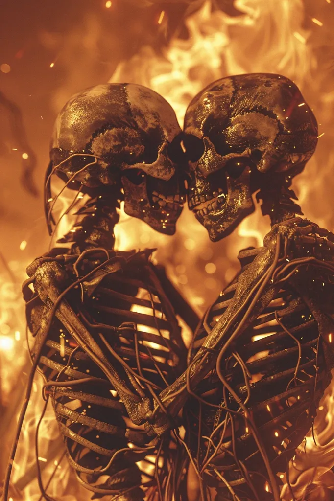 Two skeletons are embracing in front of a fiery background. The skeletons are made of a dark material and are lit by the flames. The image is both beautiful and eerie, and it evokes a sense of mystery and intrigue. It is unclear what the relationship between the two skeletons is, or what has led to their current situation. The image is left to the viewer's interpretation.