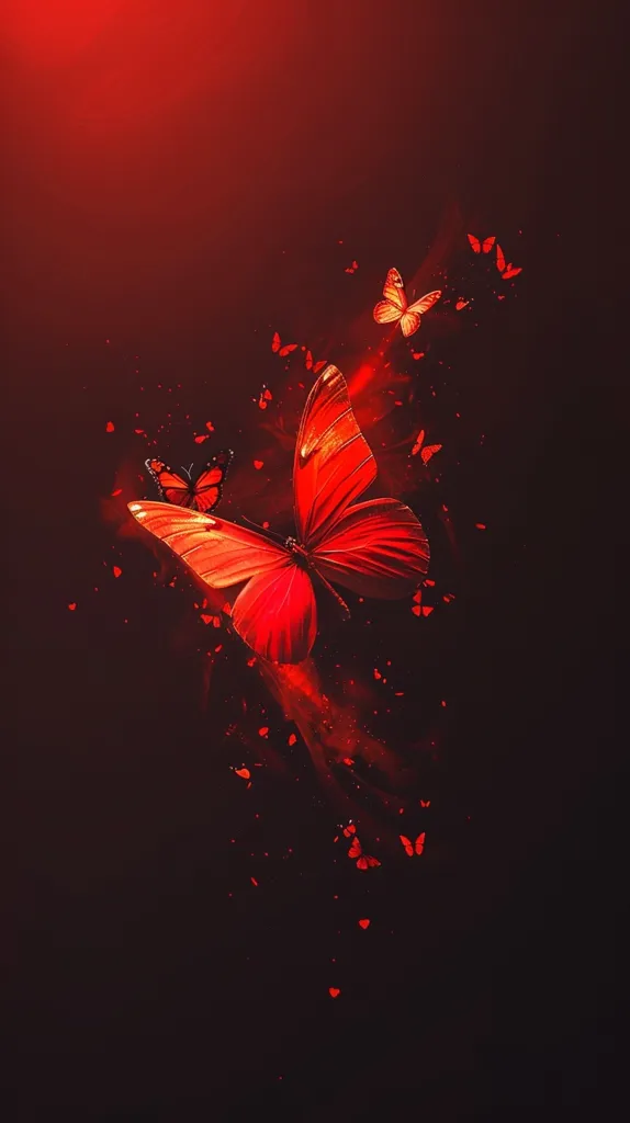 A fiery red butterfly emerges from the darkness, its wings outstretched as if in flight. It is surrounded by a swarm of smaller butterflies, all of which are also red. The background is a deep, dark red, which makes the butterflies stand out even more. The overall effect is one of beauty and elegance.