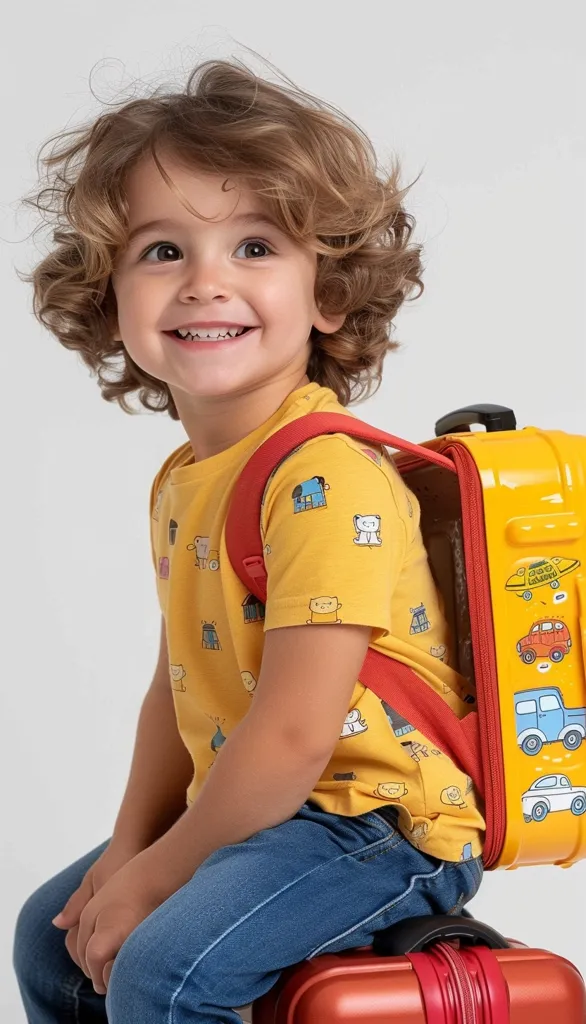a side view of a smiling, happy child riding a small suitcase, sref https://s.mj.run/4Qydtq6zWa4 wearing a T-shirt, summer clothes, plain colours, full shot --style raw --ar 4:7 --s 750 --v 6.0