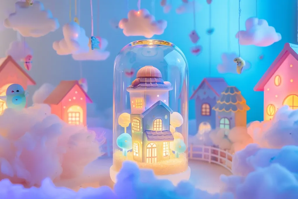 The image is a whimsical and brightly colored illustration of a house inside a glass dome. The house is surrounded by clouds and rainbows, and there are stars and moons hanging from the sky. There are also several small animals and creatures in the image, such as a bear, a rabbit, and a bird. The overall mood of the image is one of happiness and joy.