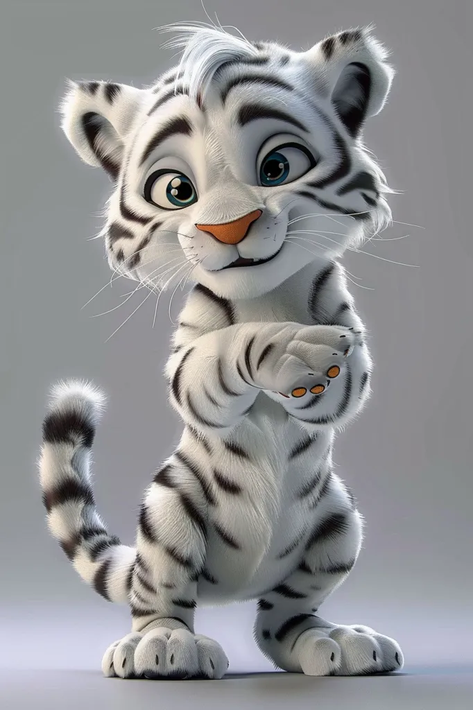 The image shows a cute and cuddly white tiger cub. It has big, round blue eyes, a pink nose, and a long, fluffy tail. The cub is standing on its hind legs and has its front paws raised in the air. It looks like it is begging for food or attention. The cub's fur is covered in black stripes, and the inside of its ears is black. The background is a light gray color, which makes the cub stand out. The cub is in a playful mood and looks like it is having a great time.