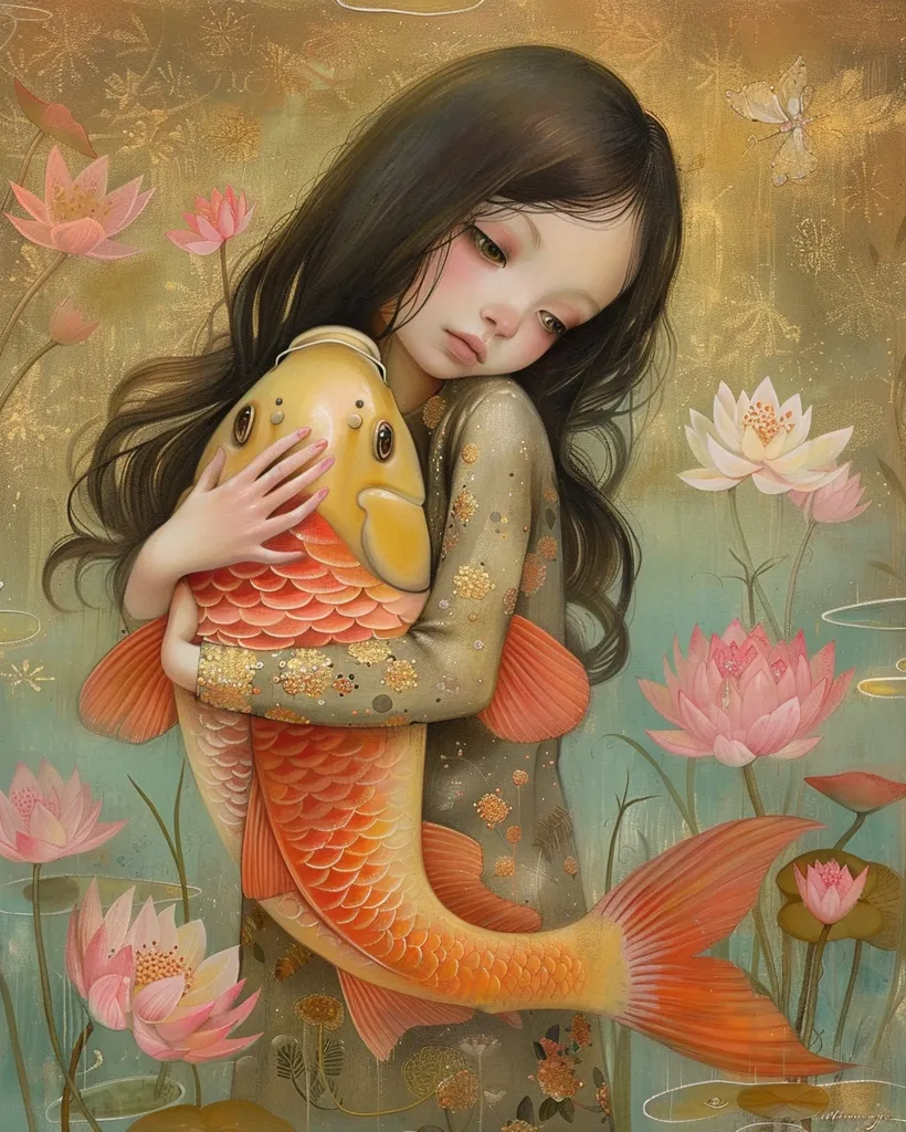 A girl holding an golden carp, in the style of surrealism, in the style of Nicoletta Ceccoli and Mark ryden, soft dreamy tones, pink and gold hues, in the style of Klimt art nouveau, very detailed. --ar 51:64 --v 6.0