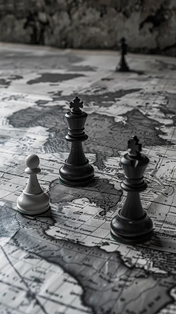 The image is of a chessboard with a world map in the background. There are three chess pieces on the board: a white pawn, a black king, and a black knight. The pawn is in the foreground, and the king and knight are in the background. The board is made of black and white squares, and the pieces are made of black and white. The image is in black and white.