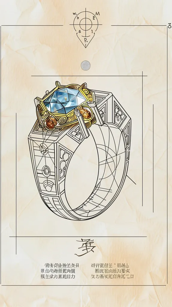 The blueprint of a magic ring. The ring is made of gold and has a large blue gem in the center. The gem is surrounded by four smaller gems, two on each side. The ring is also decorated with intricate designs.