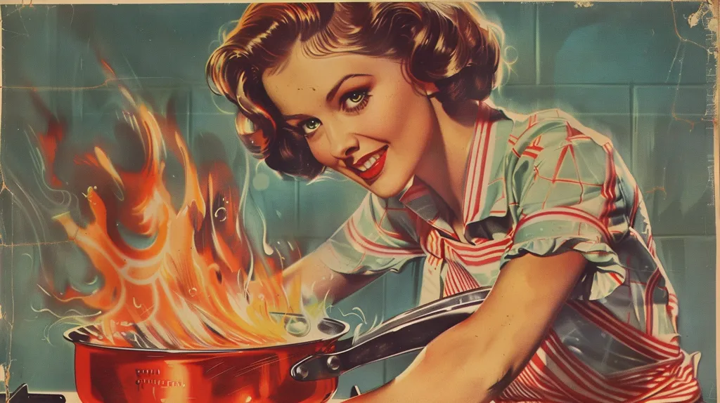 A vintage illustration of a woman cooking in a kitchen. She is wearing a red and white striped apron and a blue dress with white polka dots. She has short brown hair and is smiling. She is holding a pan with flames coming out of it. The background is light blue with a green counter.