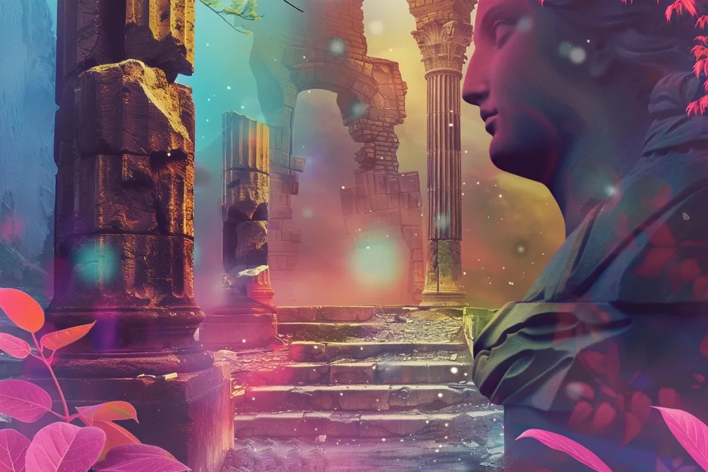 The image is a surreal and ethereal landscape. The foreground is a lush green field, with a river running through it. In the background, there is a ruined temple. The temple is made of white marble, and it is decorated with intricate carvings. The temple is in disrepair, and it is overgrown with vines. The sky is a deep blue, and it is filled with stars. There is a sense of mystery and wonder in the image. It is as if the viewer is looking at a place that is both beautiful and dangerous.