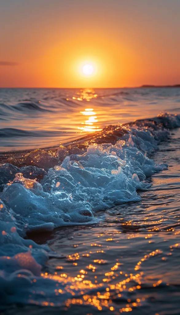 The setting sun casts a golden glow on the ocean waves. The waves are capped with white foam and crash gently on the shore. The sky is a deep blue, orange, and yellow.