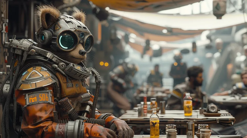 The image is a anthropomorphic raccoon sitting in a bar. He is wearing a helmet and a backpack. The raccoon is looking at the camera. There are other people in the bar, all of whom are humans. The raccoon is sitting at a table, on which are bottles and glasses.