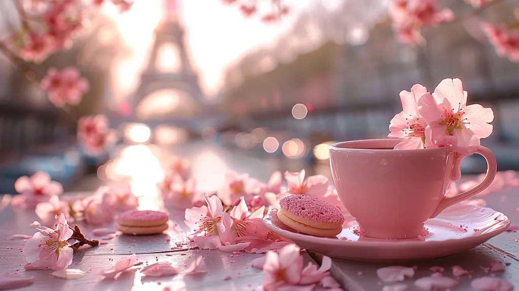 The image is a close-up of a pink teacup filled with pink cherry blossoms. The teacup is sitting on a saucer on a wooden table. There are also cherry blossoms scattered on the table. The background is a blurred image of the Eiffel Tower in Paris. The image is very soft and feminine.