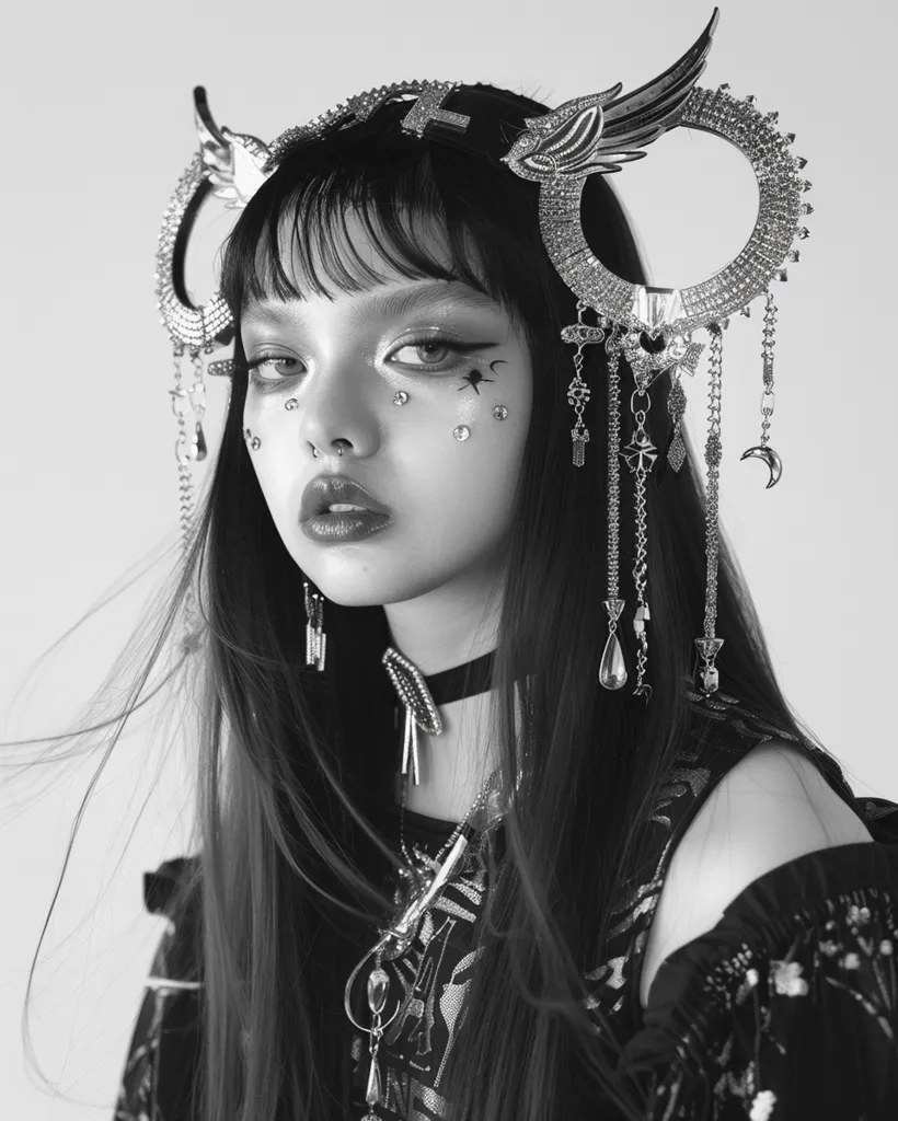 full body of American mermaid girl with badass attitude, long ears with piercings, long hair, chrome clear angel halo jewelry with angel halo harness, chrome clear angel halo glossy, photography designed by Yeha Leung @creepyyeha, portrait, ethereal aesthetic, shimmering, clear transparent pvc glossy silver textures, solid backgroud, modern minimalist, high fashion, --ar 4:5 --v 6.0