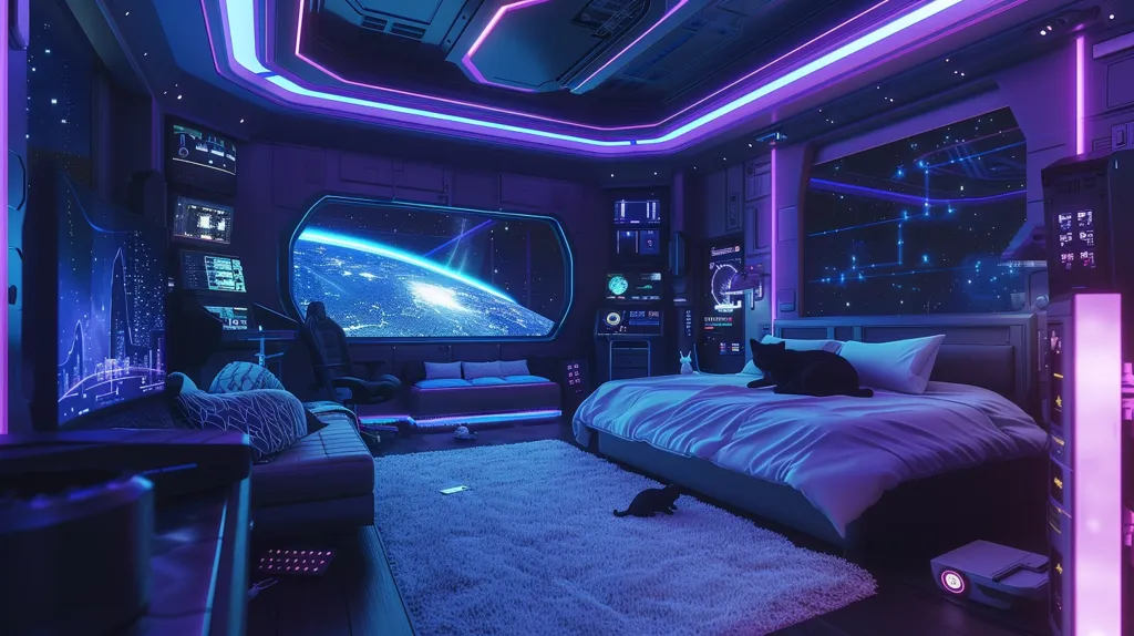 The image shows a futuristic bedroom with a large window looking out into space. The room is decorated in shades of purple and blue, there is a bed, a sofa, and a few chairs. There is also a large computer desk with a few monitors. The room is very modern and stylish.