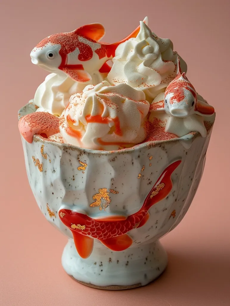 This image shows a bowl of food decorated with three koi fish. The bowl has a white background with red and gold accents, and the fish are made of red and white chocolate. The bowl is filled with a white substance that resembles whipped cream. The image is taken from a side angle, and the background is a pale pink color.