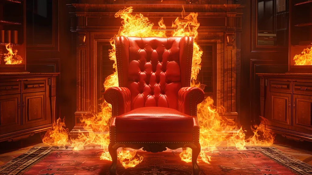 A red leather armchair is engulfed in flames. The armchair is sitting in a dark room with wood-paneled walls and a fireplace. The flames are licking at the walls and the furniture, and the room is starting to fill with smoke. The armchair is a symbol of power and authority, and the flames are a symbol of destruction and chaos. The image is a metaphor for the dangers of power and the destructive power of unchecked ambition.
