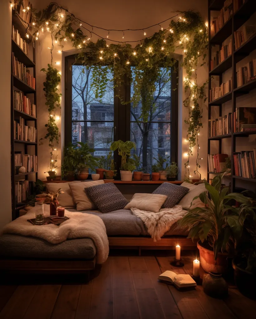 The room is full of bookshelves, a couch, and a few plants. The couch is covered in pillows and blankets, and there is a fur throw blanket on top of it. There is a small table next to the couch with a candle on it. The window is covered in fairy lights and there are plants in front of it. The room is very cozy and inviting.