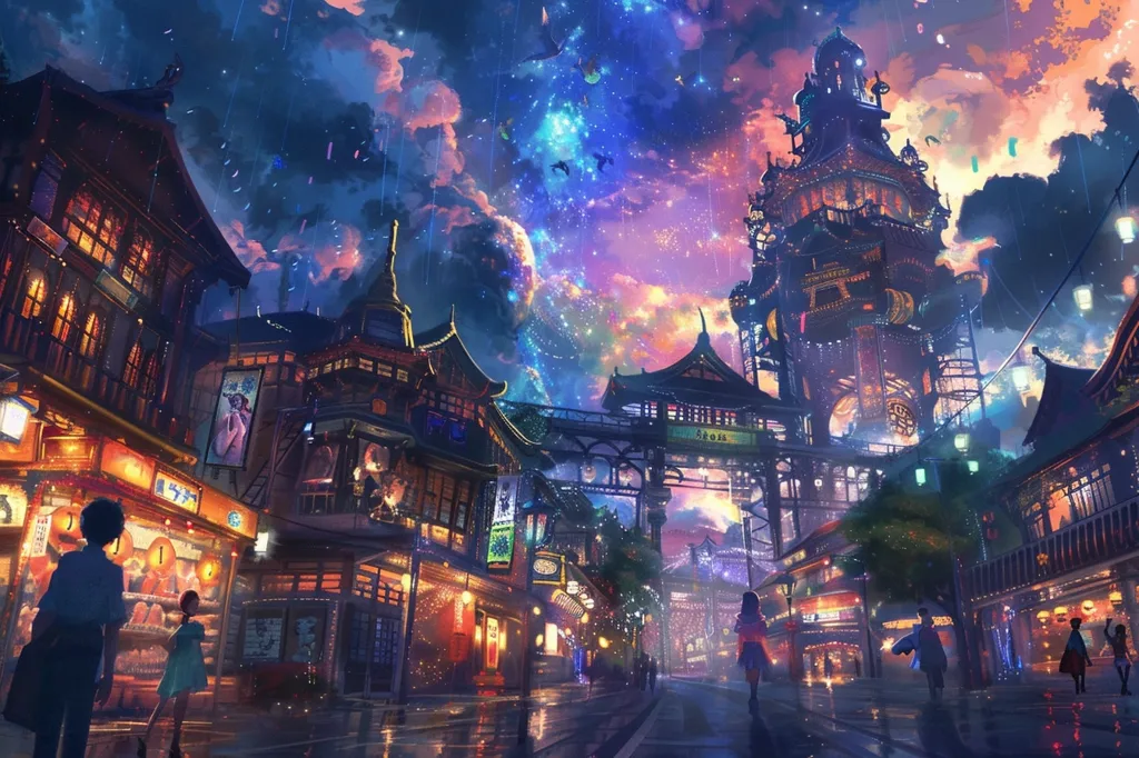 The image is a beautiful streetscape of a city that looks like it is in Asia. The sky is a deep blue color with a hint of purple, and it is filled with stars, clouds, and birds. The buildings are tall and narrow, and they are covered in lights. The streets are wet from the rain, and there are people walking around with their umbrellas. The image is very peaceful and relaxing.