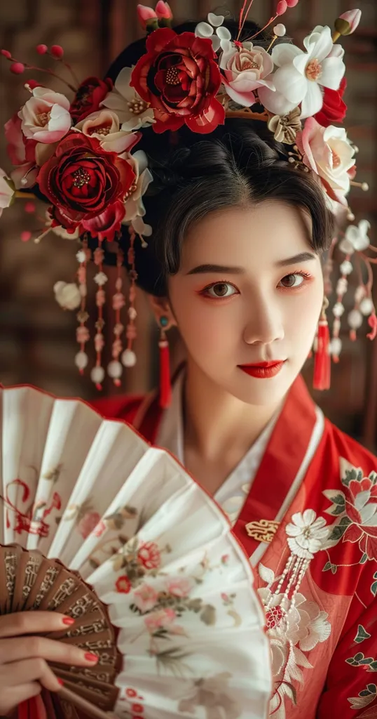 A beautiful Chinese opera singer, dressed in traditional red and white with flowers on her head, holding an elegant fan, posing for a photoshoot in the style of the photographer, with soft lighting, a symmetrical composition, a full body portrait, front view, in a retro style, with vintage tones, in an indoor environment, with delicate facial features and charming eyes. --ar 67:128 --v 6.0