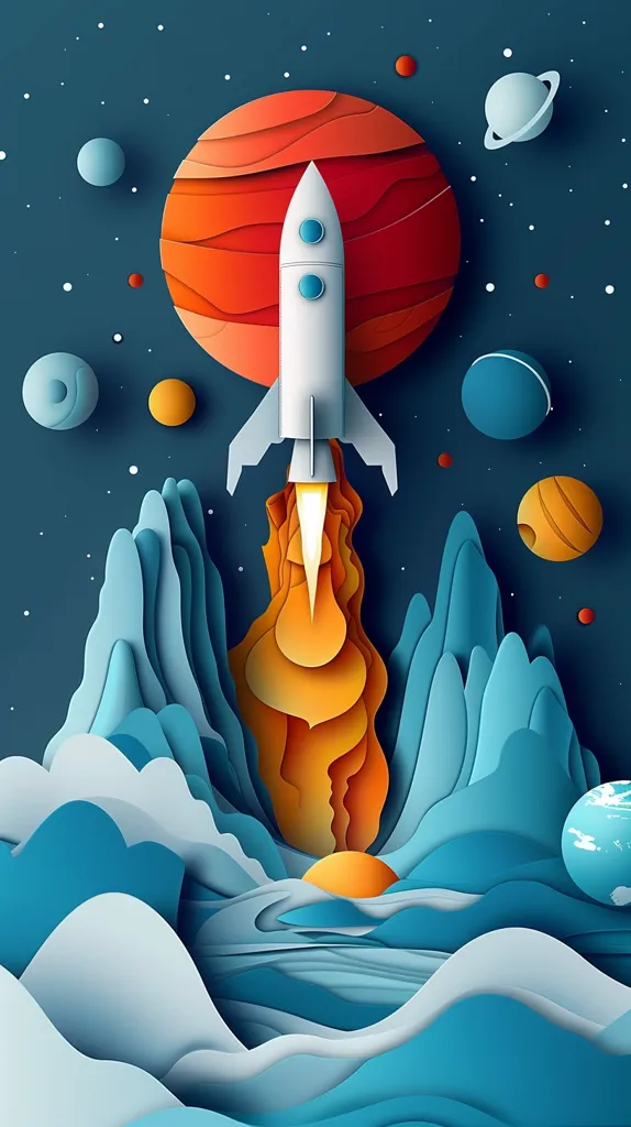 The image shows a rocket launching from a rocky moon or planetary landscape. The rocket is white with a red nose cone and blue accents. The rocket is surrounded by a starry sky and several planets or moons. The moon or planet's surface is covered in craters and mountains. The image is done in a paper-cut style, with the various elements of the scene cut out of paper and layered to create a three-dimensional effect.