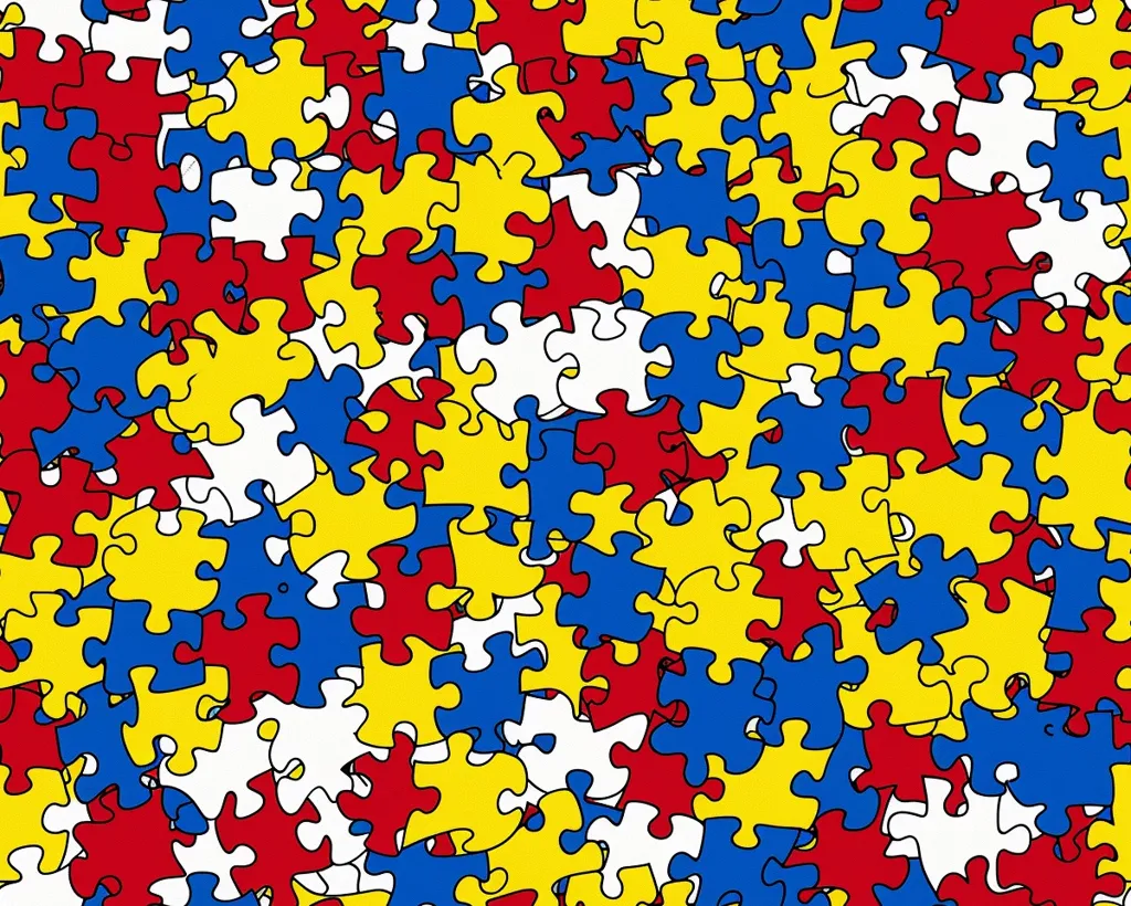 The image is a colorful pattern made up of puzzle pieces. The puzzle pieces are in different colors, including red, blue, yellow, and white. The puzzle pieces are arranged in a random order, and there is no clear pattern to the image. The image is visually appealing, and it is interesting to look at. The colors are bright and cheerful, and the puzzle pieces are arranged in a way that creates a sense of movement. The image is also calming, and it can be helpful for people who are feeling stressed or anxious.