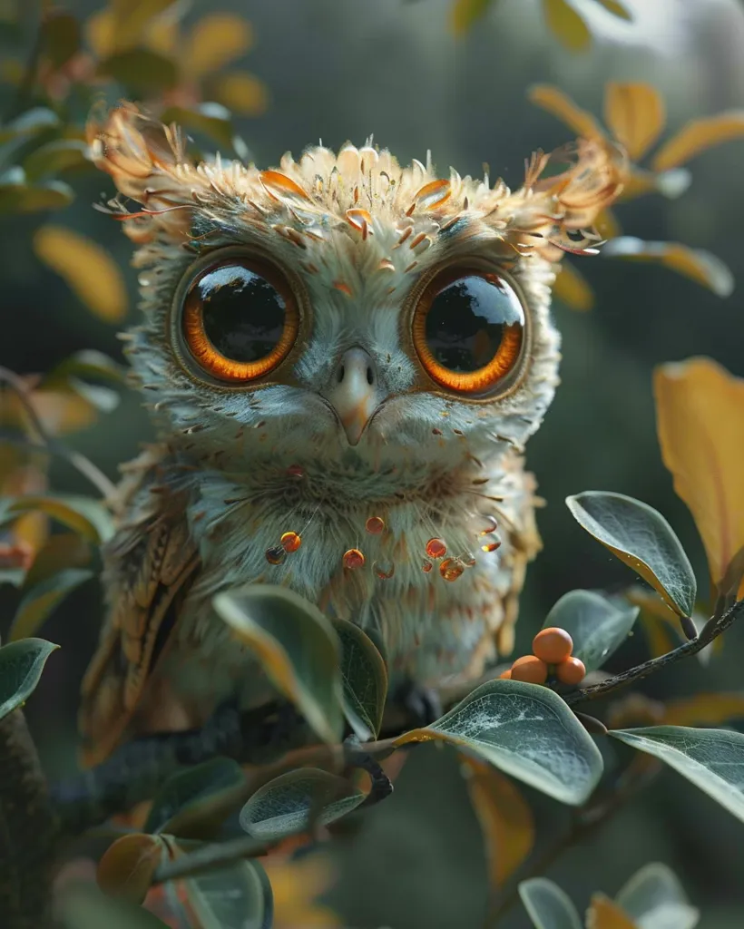 The image is a digital painting of an owl with big eyes. The owl is sitting on a branch in a tree. The owl has brown and white feathers. Its eyes are orange and its beak is yellow. The tree branch is green with red berries. The background is blurred but you can notice a few leaves. The owl is looking at the viewer with its head tilted a bit to the right.