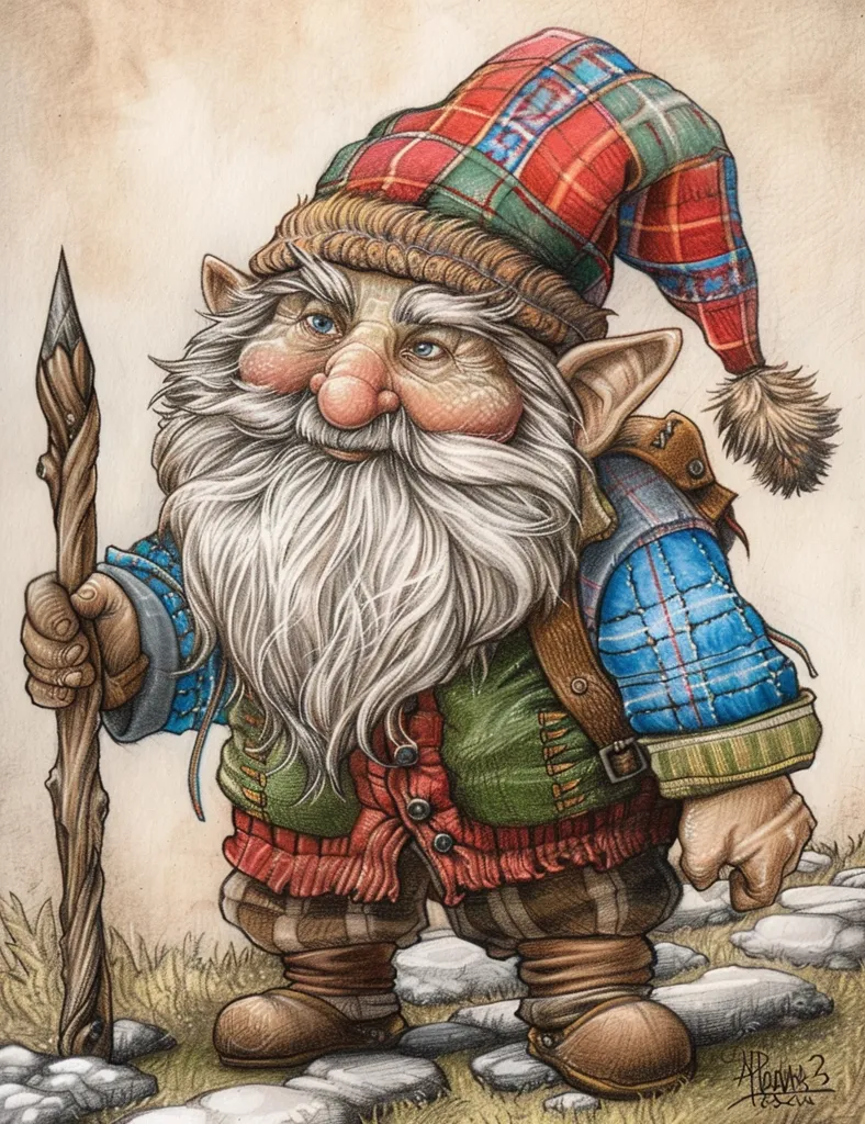 The image shows a male gnome. He is wearing a red and blue tartan hat, a blue shirt, and a brown vest. He has a long white beard and a friendly smile on his face. He is carrying a walking stick in his right hand and a backpack on his back. He is standing on a rocky path in the forest.