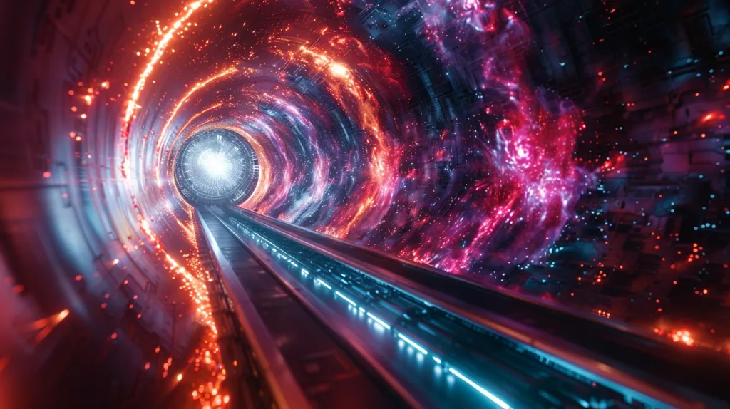 The image is a depiction of a futuristic tunnel. The tunnel is lit by a bright light at the end of the tunnel. The walls of the tunnel are covered in a glowing, colorful pattern. The floor of the tunnel has a track, suggesting that some kind of vehicle could travel through it. The tunnel is surrounded by a swirling vortex of red, blue, and purple energy.