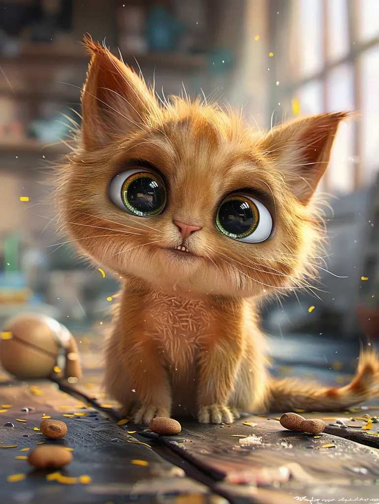 This is a 3D rendering of a cartoon cat. It has large green eyes, a pink nose, and fluffy orange fur. It is sitting on a wooden table and looking at the viewer with a curious expression. There are some nuts and bolts on the table. The background is blurry and consists of a wall and a window.