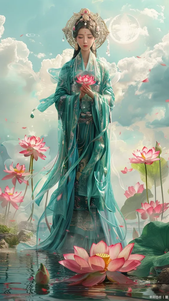 The image is a beautiful Chinese woman standing in a pond of lotus flowers. She is wearing a long, flowing green dress and has a lotus flower in her hand. Her hair is long and black, and she is wearing a traditional Chinese headdress. The background is a misty blue and white, with clouds and more lotus flowers. The image is very peaceful and serene.