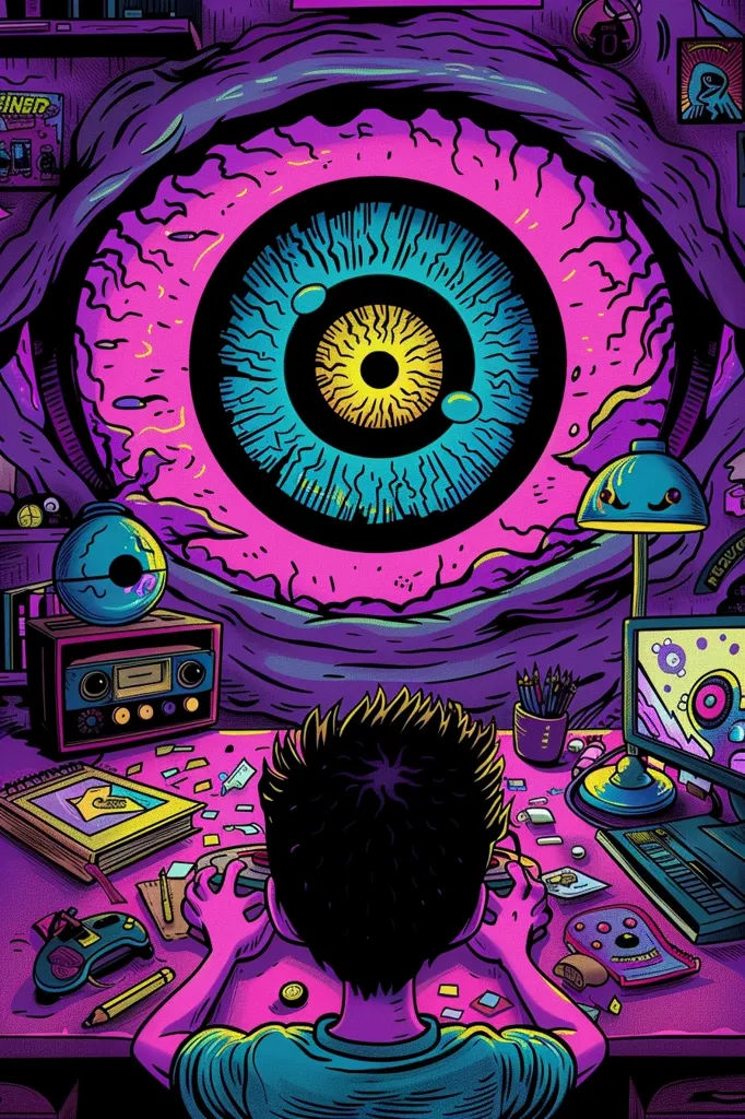 The image is a colorful and psychedelic illustration of a person sitting at a desk in a room. The person is wearing a purple shirt and has their back to the viewer. They are surrounded by various objects, including a computer, a lamp, books, a radio, and a telephone. The room is decorated with posters and has a large eye-shaped window. The overall atmosphere of the image is one of mystery and intrigue.