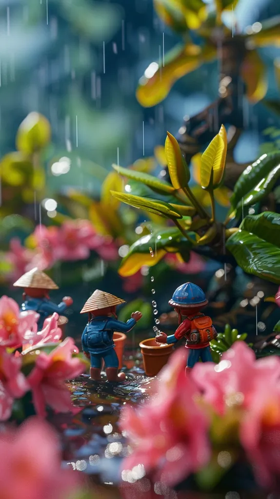 Amidst a lush garden adorned with vibrant blooms, a trio of miniature farmers diligently tend to their crops. Each wearing a traditional conical hat, they work in harmony, harvesting the fruits of their labor. The scene is captured in exquisite detail, from the delicate petals of the flowers to the raindrops glistening on the leaves. The overall effect is one of serenity and abundance, a reminder of the beauty and bounty of nature.