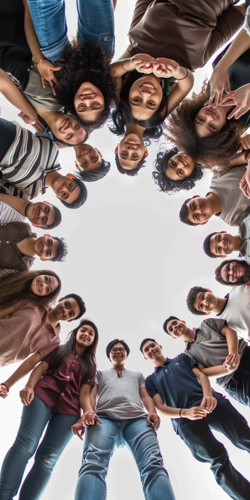 There is a group of diverse teenagers looking down at the camera. They are all smiling and embracing one another, showing their unity and friendship. They wear casual clothing and seem to be enjoying each other's company. The background is white, which makes the image look clean and bright. The overall mood of the image is positive and uplifting.