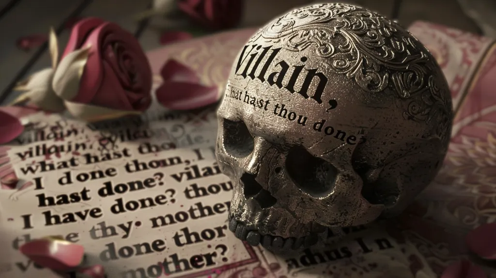 This image is a skull with the word "villain" engraved on the forehead. The skull is sitting on a book which is opened. The background is black with a rose on the left side of the skull. The image is in a 3D style and looks very realistic.