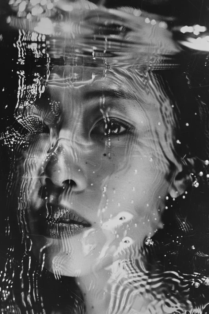 The black-and-white photo shows a woman's face partially submerged in water. The water ripples create a distorted reflection of her face, making it appear as though she is underwater. The woman's eyes are open and her expression is calm. The photo is taken from a close-up angle, which adds to the sense of intimacy.