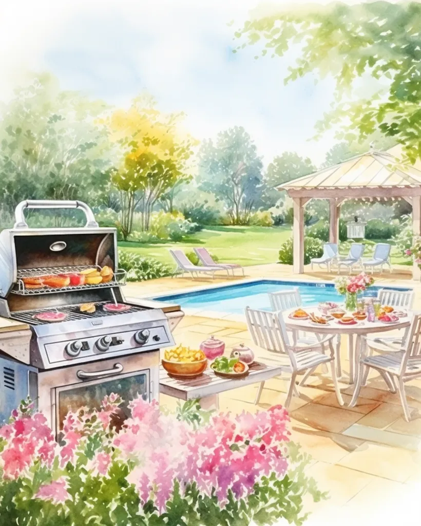 The image is a watercolor painting of a backyard with a pool, a grill, and a patio. The pool is in the center of the backyard and is surrounded by a green lawn. The grill is to the left of the pool, and the patio is to the right. The patio has a table and chairs on it. There are flowers and trees all around the backyard. The painting is very realistic and looks like a photograph.